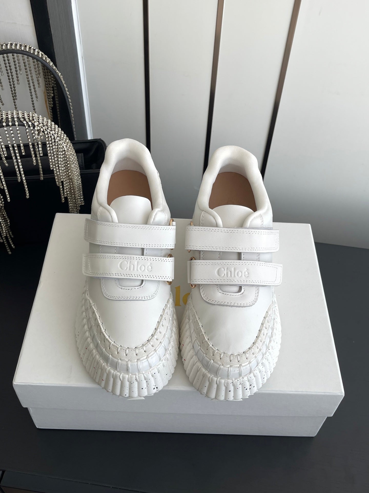 CHLOE 26S PLATFORM SNEAKERS IN WHITE CALFSKIN
