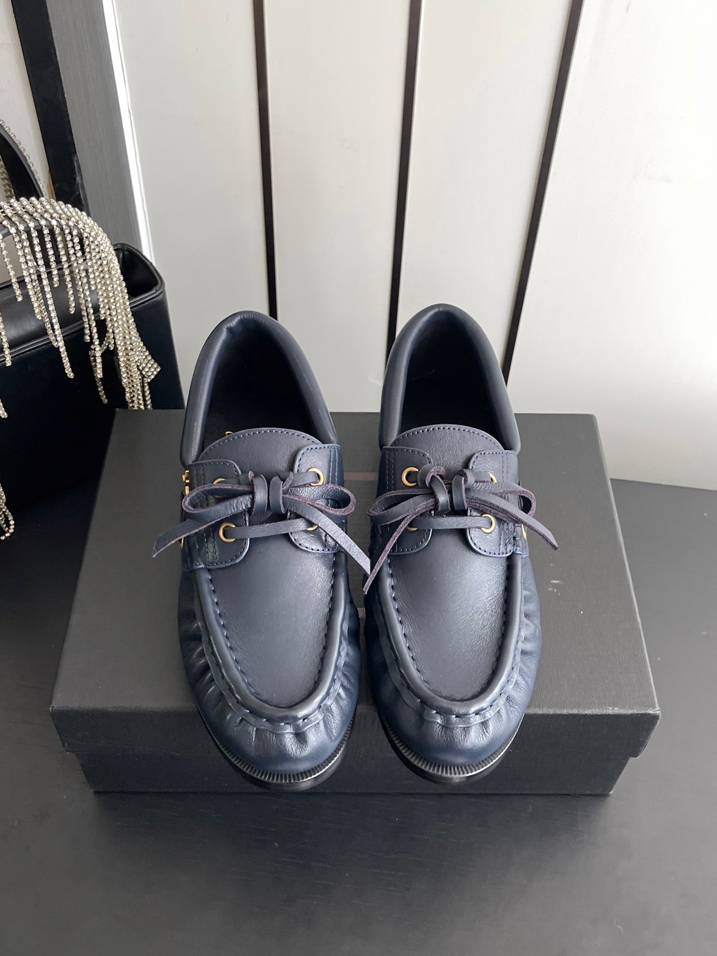 YSL 26S LACE UP LOAFERS IN BLUE CALFSKIN ROUND TOE