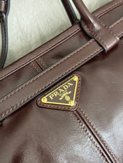 PRADA 25S BONNIE LARGE HANDBAG 38 IN DARK BROWN GLOSSY CALFSKIN GOLD HARDWRE