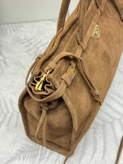 TOTE BAG WITH BELT 42 IN RUSSET BROWN SUEDE GOLD HARDWARE