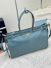 PRADA 25S LUX SOFT BAG 42 IN BLUE GLOSSY CALFSKIN GOLD HARDWRE