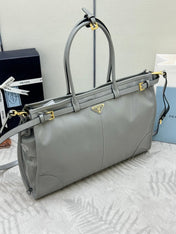 PRADA 25S LUX SOFT BAG 42 IN GRAY GLOSSY CALFSKIN GOLD HARDWRE