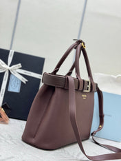 PRADA 25S BUCKLE SMALL HANDBAG 32 IN RICH BROWN CALFSKIN GOLD HARDWARE