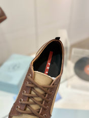 SNEAKERS IN BROWN LAMBSKIN AND BEIGE CANVAS