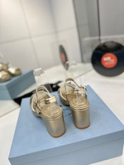 PRADA 26S HEELED SANDALS 70MM IN GOLD CALFSKIN