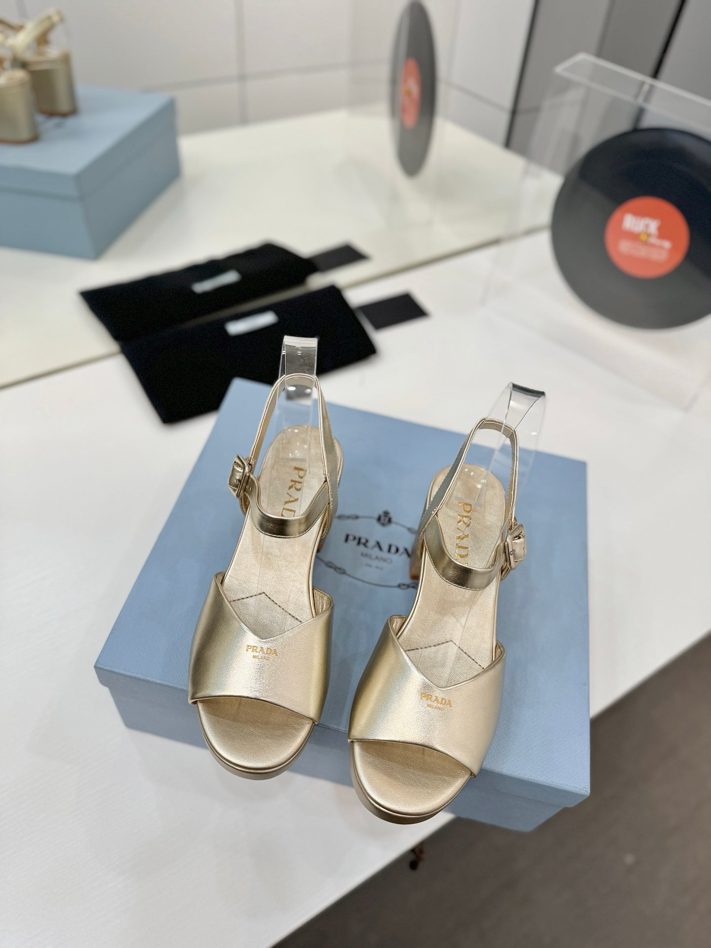 PRADA 26S HEELED SANDALS 70MM IN GOLD CALFSKIN