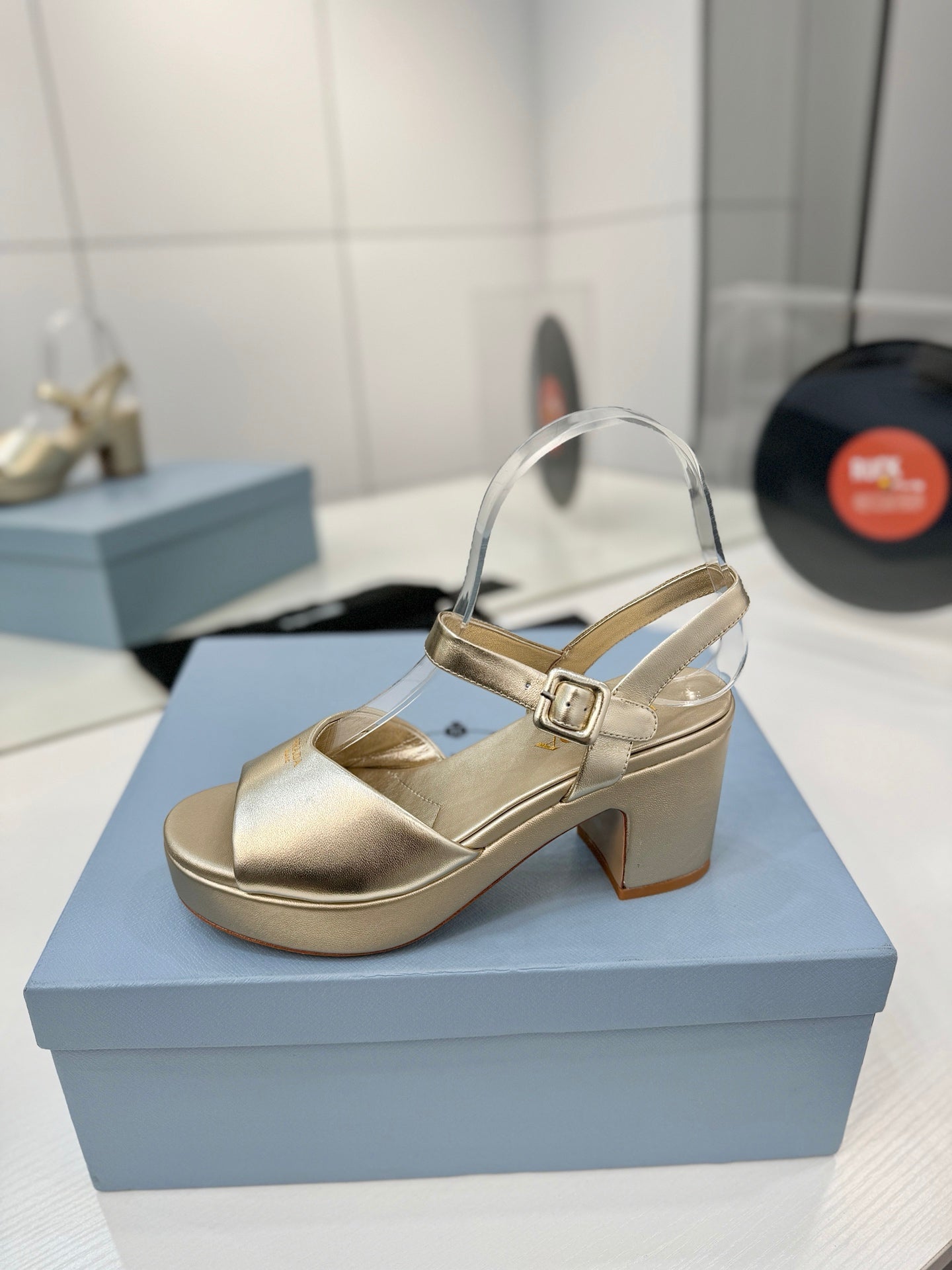PRADA 26S HEELED SANDALS 70MM IN GOLD CALFSKIN