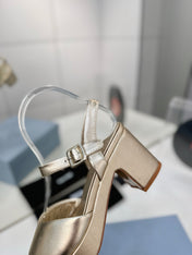PRADA 26S HEELED SANDALS 70MM IN GOLD CALFSKIN