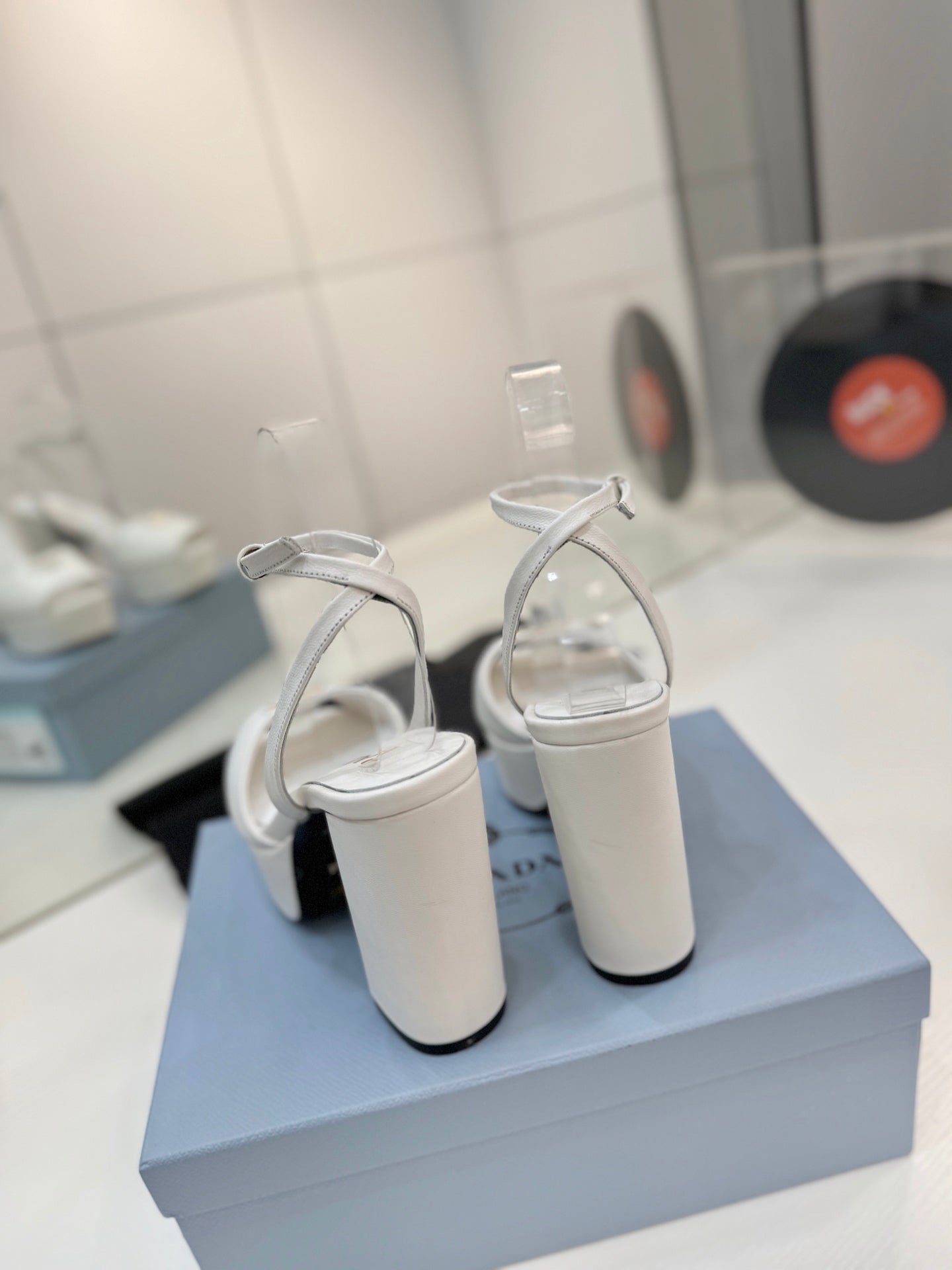 PRADA 26S HEELED SANDALS 115MM IN WHITE CALFSKIN WITH LOGO