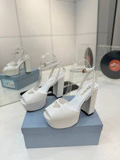 PRADA 26S HEELED SANDALS 115MM IN WHITE CALFSKIN WITH LOGO