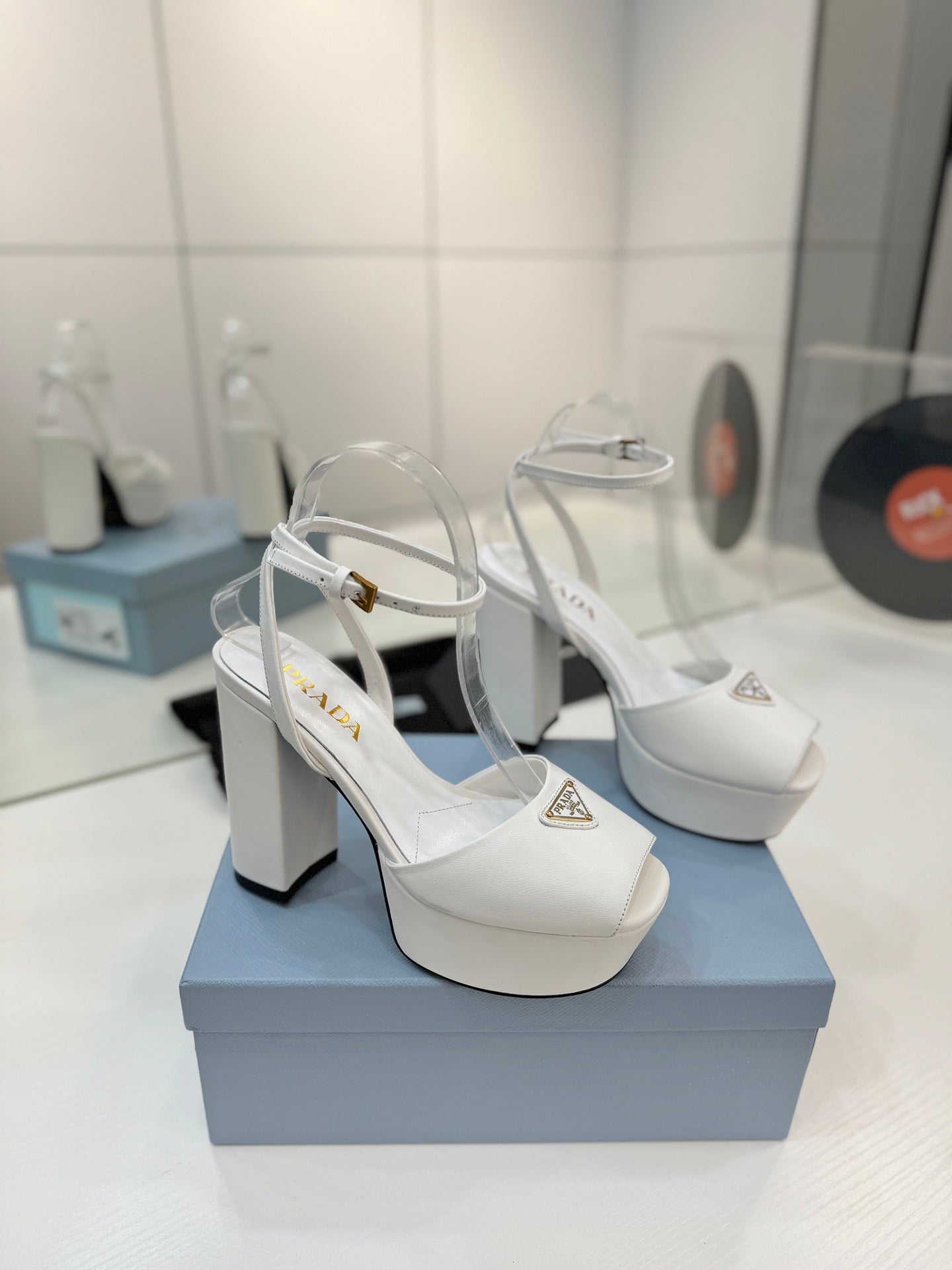 PRADA 26S HEELED SANDALS 115MM IN WHITE CALFSKIN WITH LOGO