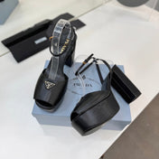 PRADA 26S HEELED SANDALS 115MM IN BLACK CALFSKIN WITH LOGO