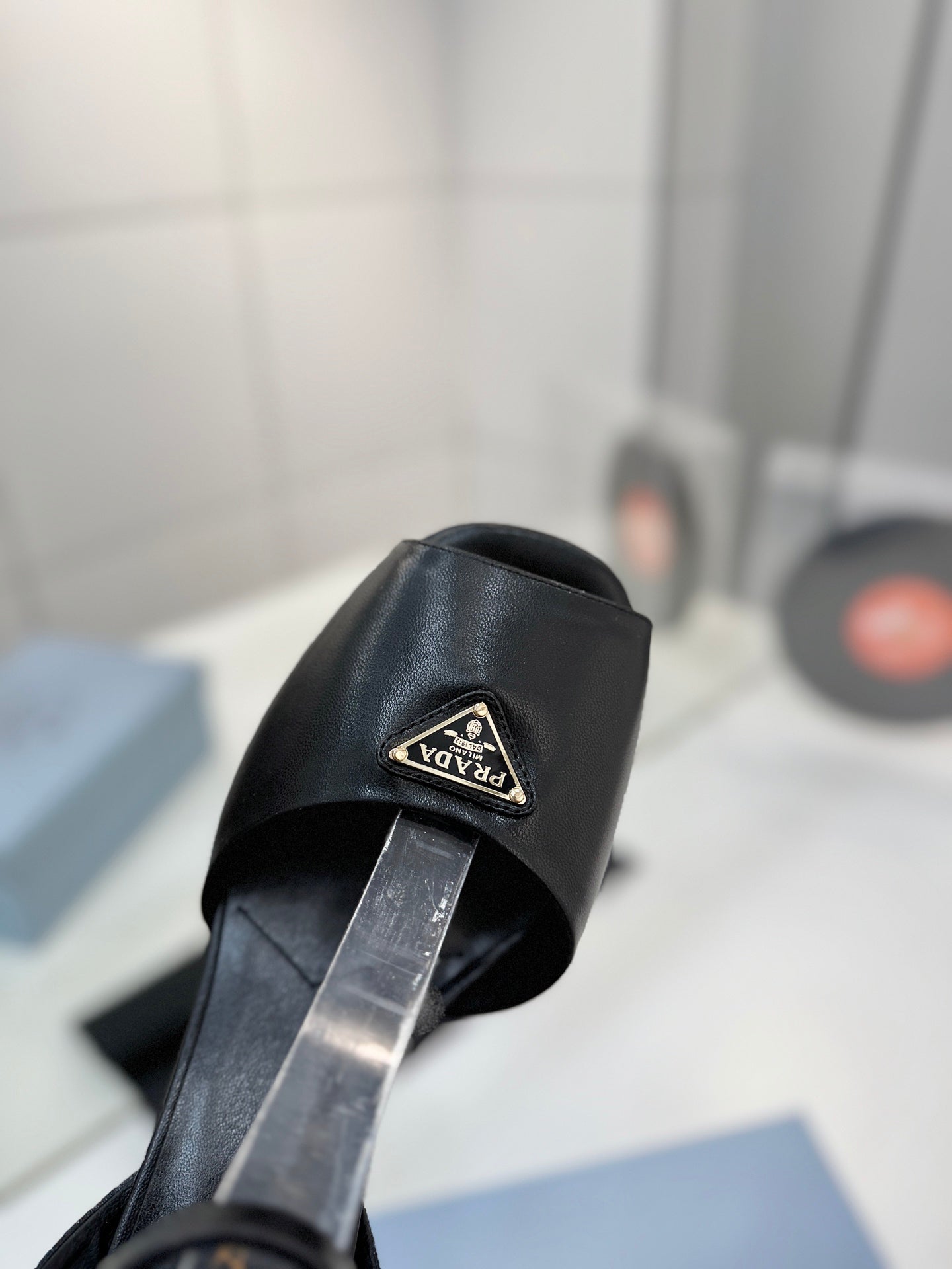 PRADA 26S HEELED SANDALS 115MM IN BLACK CALFSKIN WITH LOGO