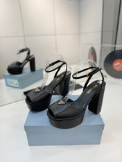 PRADA 26S HEELED SANDALS 115MM IN BLACK CALFSKIN WITH LOGO
