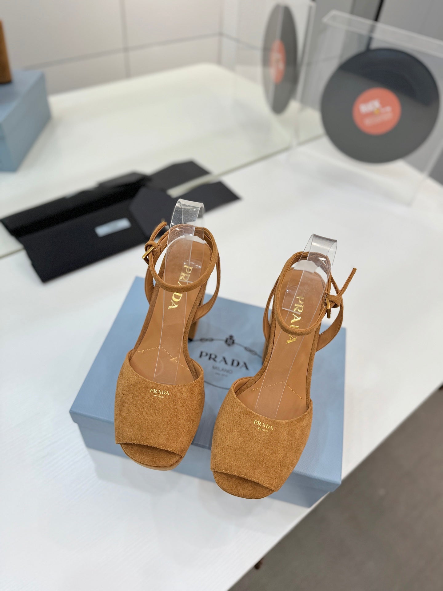 PRADA 26S HEELED SANDALS 115MM IN CARAMEL BROWN SUEDE