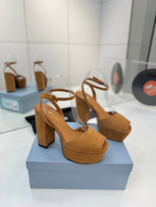 PRADA 26S HEELED SANDALS 115MM IN CARAMEL BROWN SUEDE