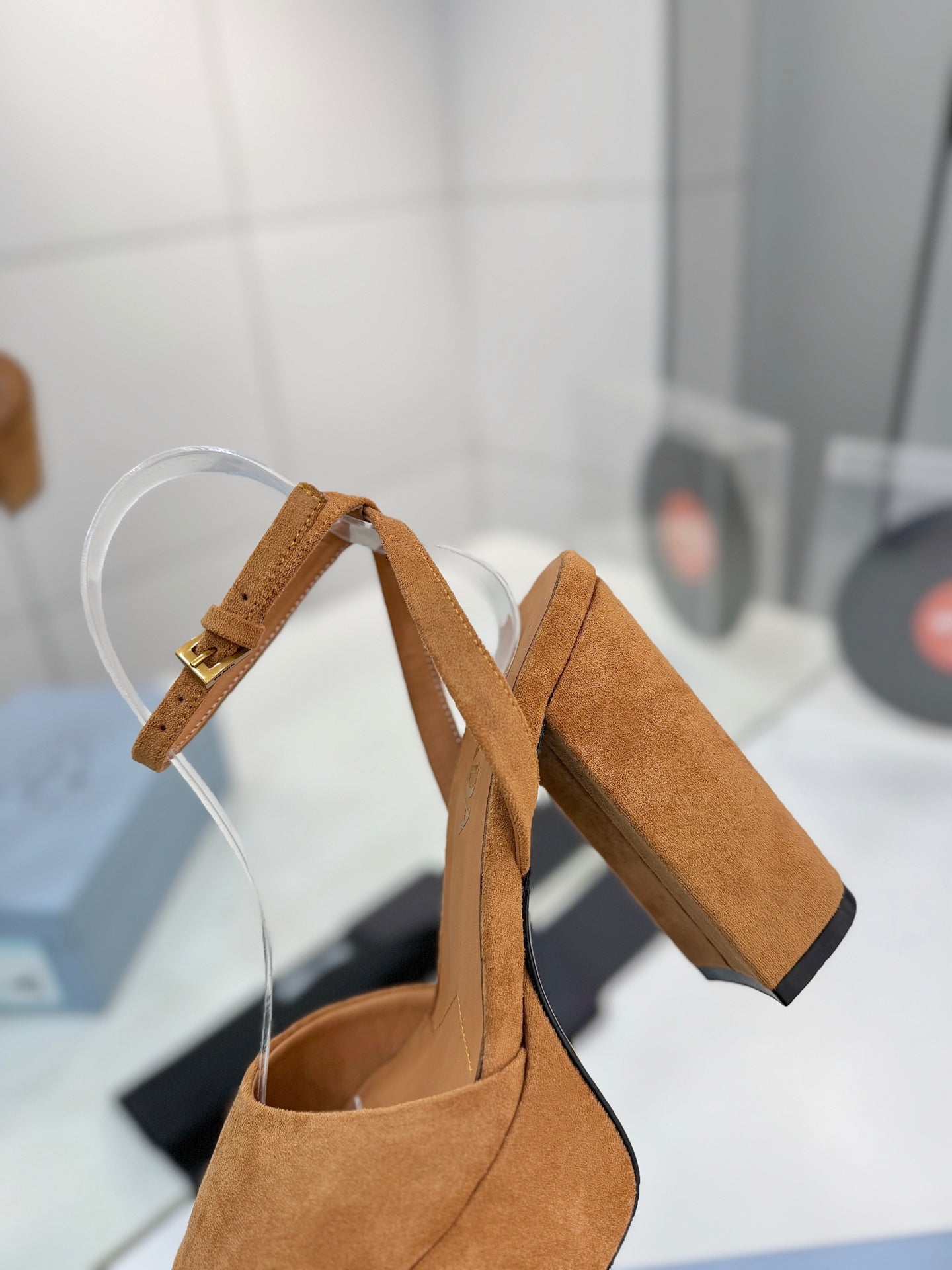 PRADA 26S HEELED SANDALS 115MM IN CARAMEL BROWN SUEDE