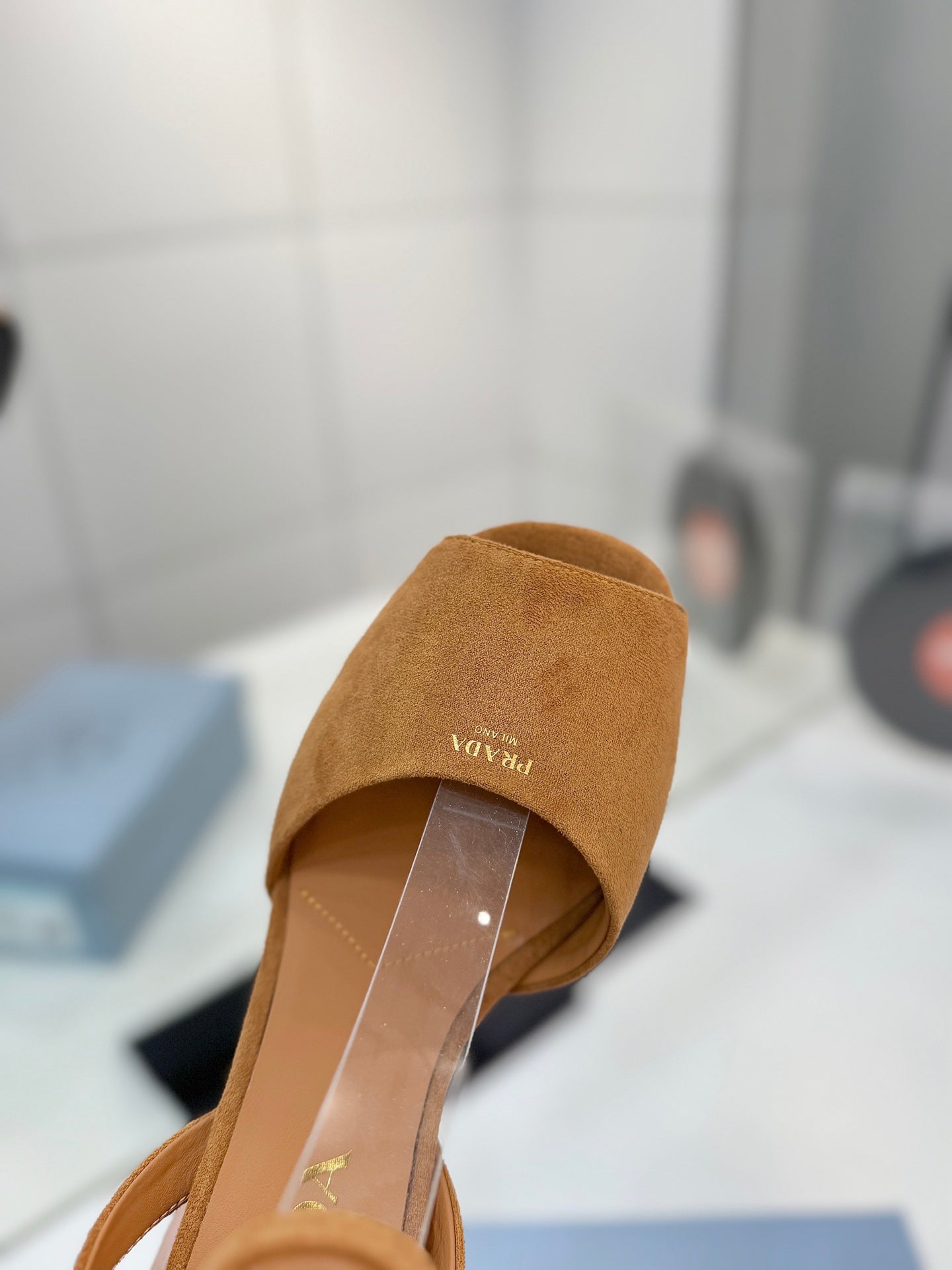PRADA 26S HEELED SANDALS 115MM IN CARAMEL BROWN SUEDE