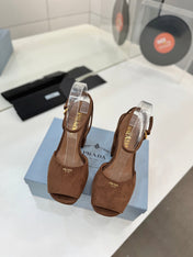 PRADA 26S HEELED SANDALS 115MM IN DARK BROWN SUEDE