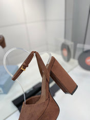 PRADA 26S HEELED SANDALS 115MM IN DARK BROWN SUEDE