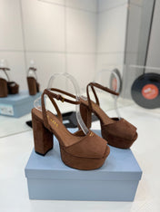 PRADA 26S HEELED SANDALS 115MM IN DARK BROWN SUEDE