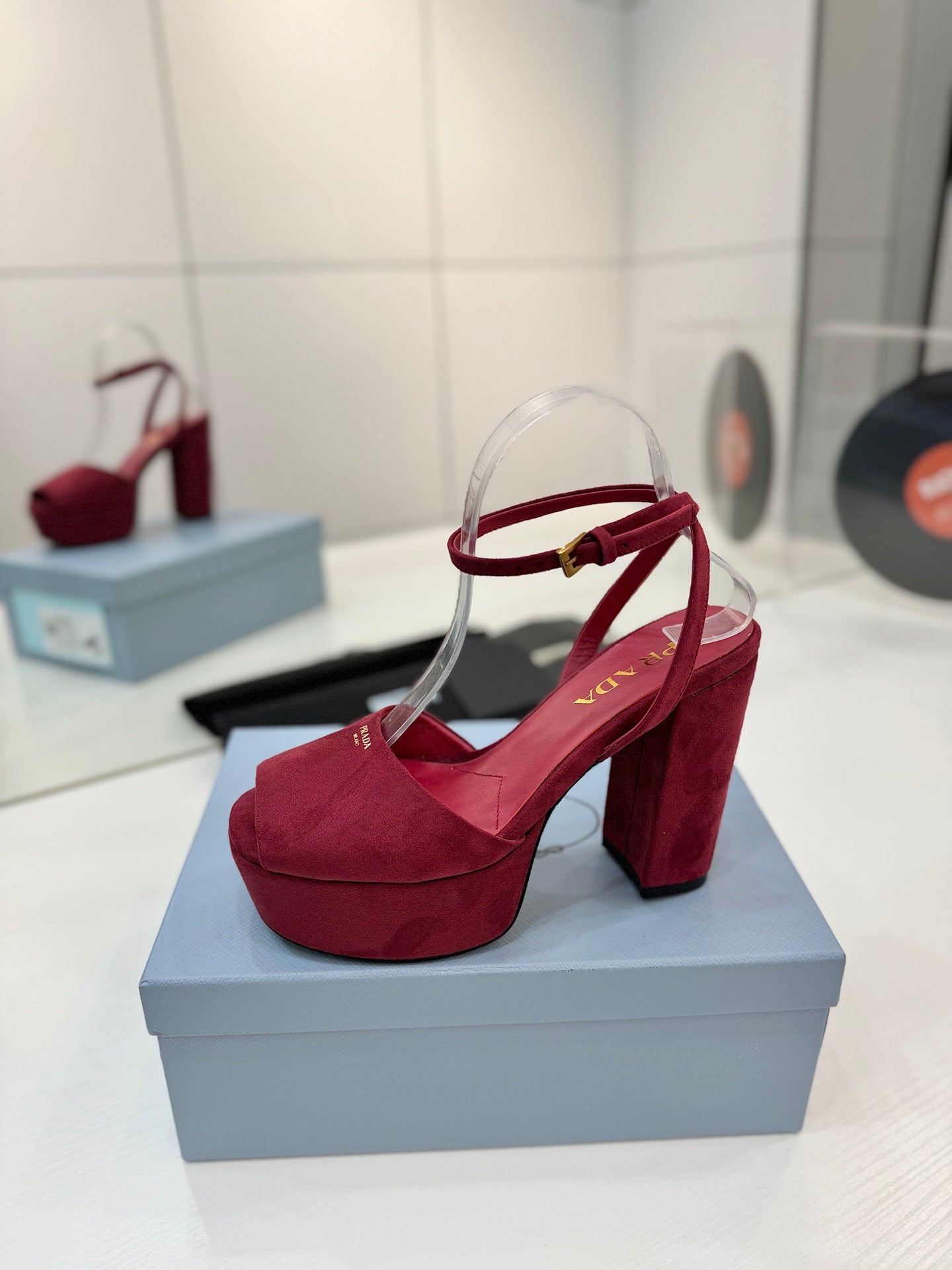 PRADA 26S HEELED SANDALS 115MM IN BURGUNDY RED SUEDE
