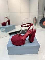 PRADA 26S HEELED SANDALS 115MM IN BURGUNDY RED SUEDE