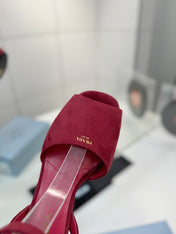 PRADA 26S HEELED SANDALS 115MM IN BURGUNDY RED SUEDE