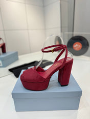 PRADA 26S HEELED SANDALS 115MM IN BURGUNDY RED SUEDE