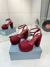 PRADA 26S HEELED SANDALS 115MM IN BURGUNDY RED SUEDE