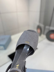 PRADA 26S HEELED SANDALS 115MM IN GRAY SUEDE