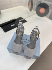 PRADA 26S HEELED SANDALS 115MM IN GRAY SUEDE