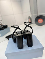 PRADA 26S HEELED SANDALS 115MM IN BLACK CALFSKIN