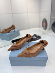PRADA 26S PUMPS 55MM IN CARAMEL BROWN SUEDE WITH LOGO