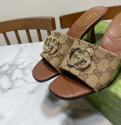 GUCCI 26S HEELED SLIDES 75 MM IN SAND BROWN CANVAS AND LAMBSKIN