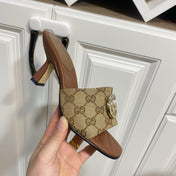 GUCCI 26S HEELED SLIDES 75 MM IN SAND BROWN CANVAS AND LAMBSKIN