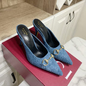 GUCCI 26S HEELED MULES 85 MM IN BLUE SUEDE