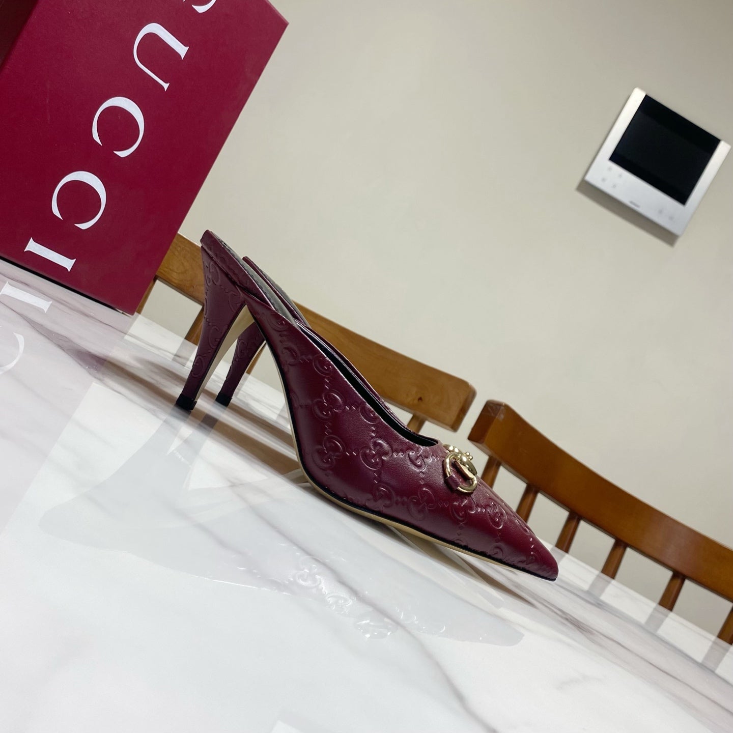 GUCCI 26S HEELED MULES 85 MM IN DARK RED CALFSKIN