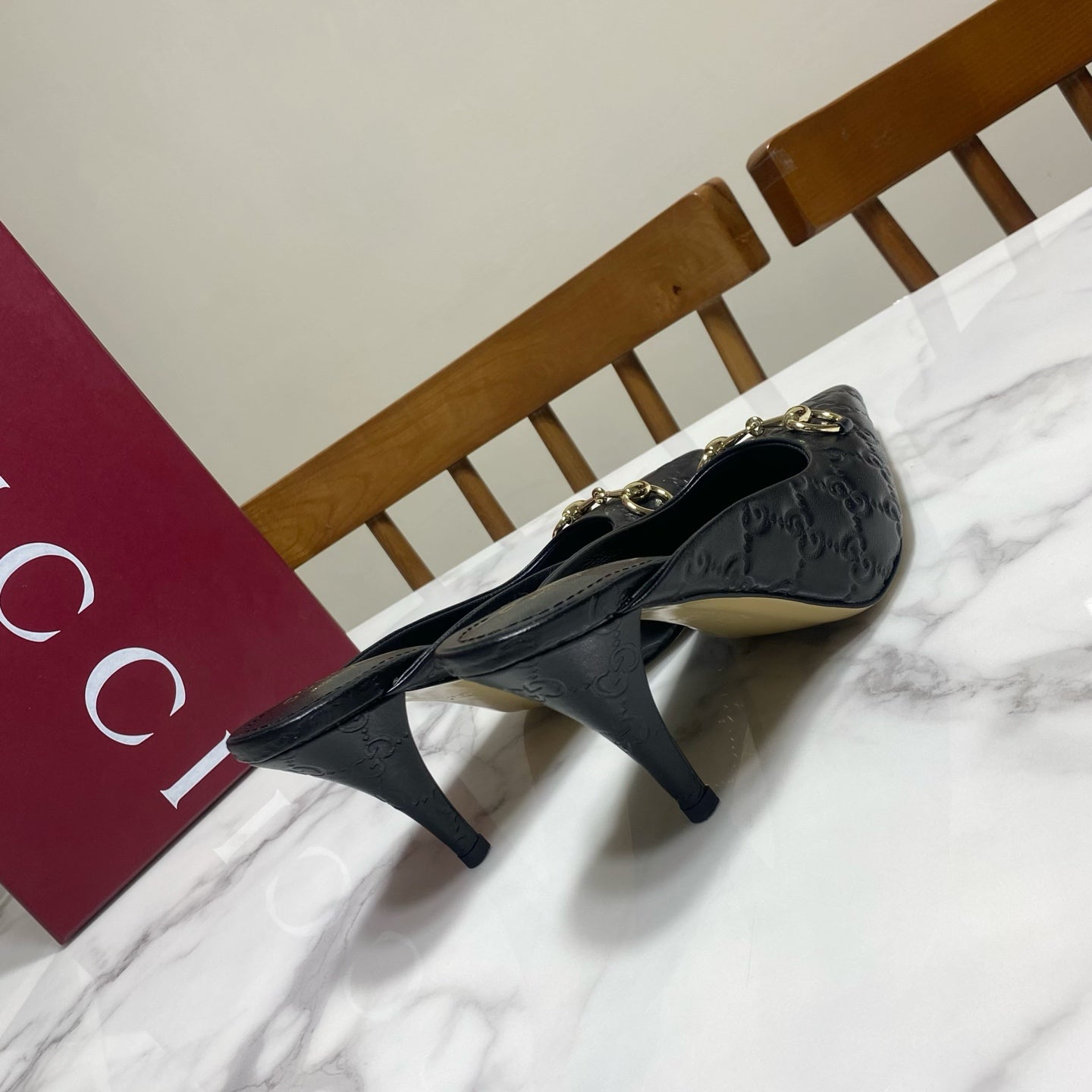GUCCI 26S HEELED MULES 85 MM IN BLACK CALFSKIN