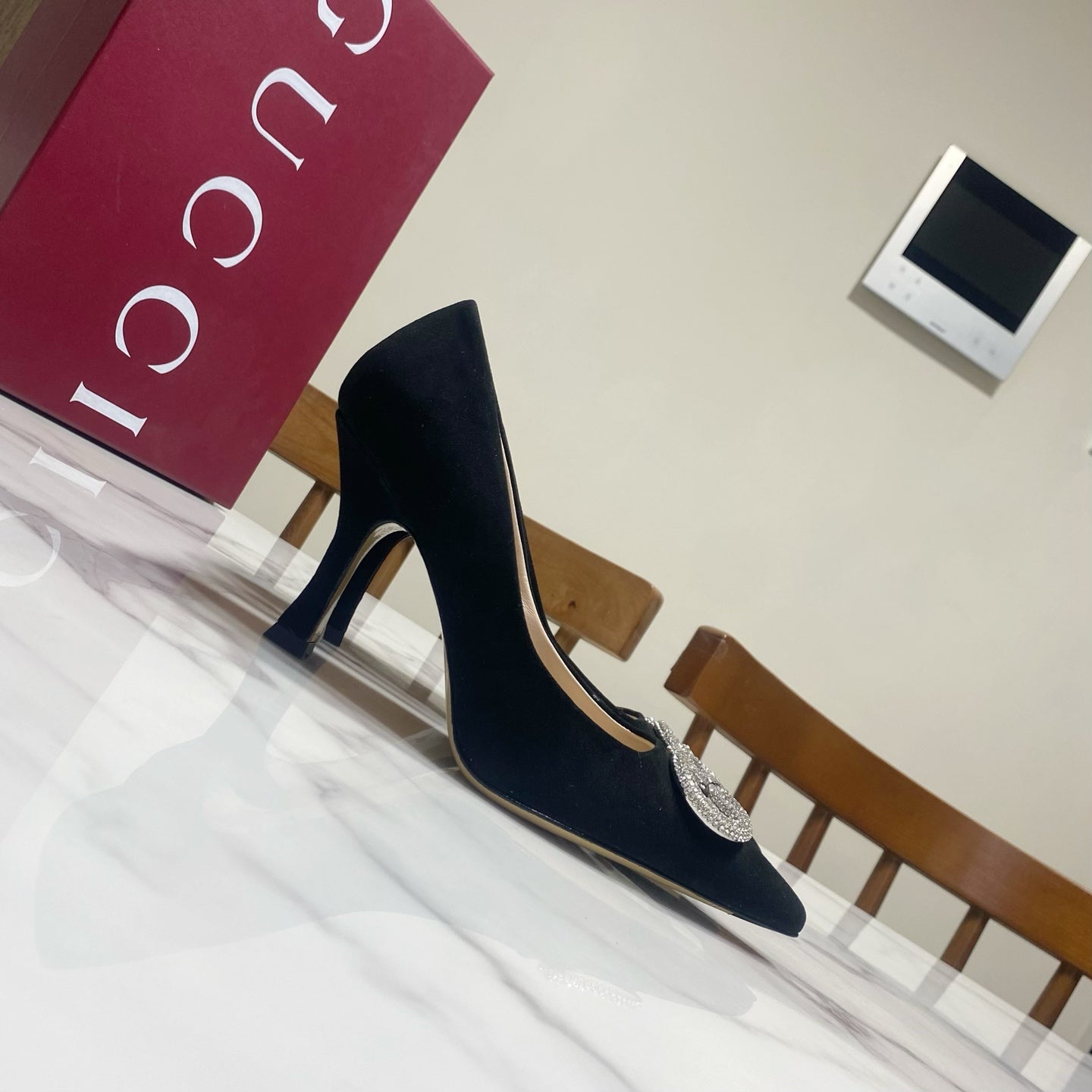 GUCCI 26S HIGH-HEELED SHOES 85 MM IN BLACK SUEDE WITH CRYSTAL