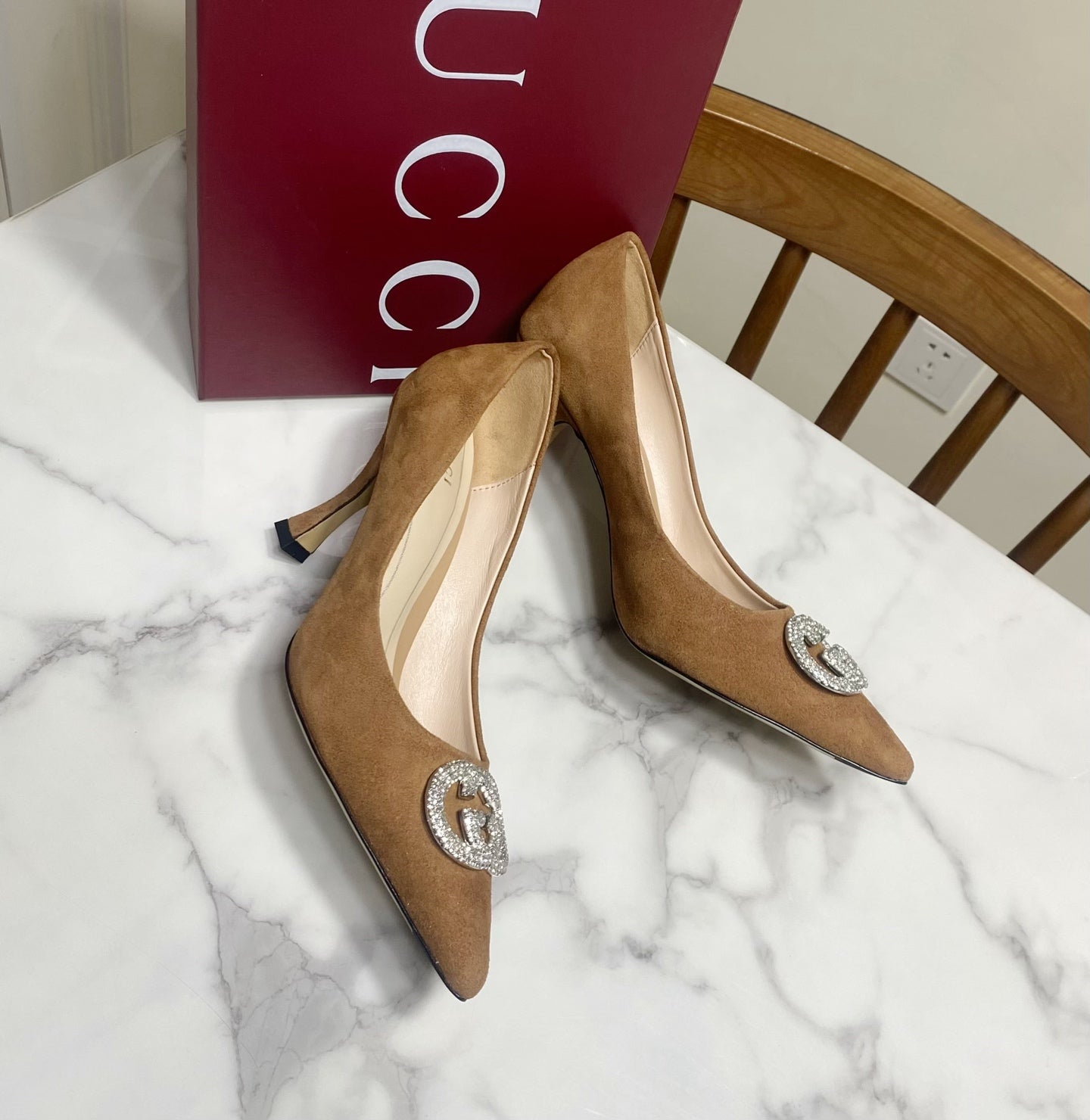 GUCCI 26S HIGH-HEELED SHOES 85 MM IN BROWN SUEDE WITH CRYSTAL