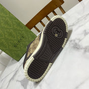 GUCCI 26S RE-WEB TRAINER SNEAKERS IN BROWN CALFSKIN AND BEIGE CANVAS