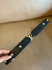 LV Initiales Studs 30mm Reversible Belt Gold Buckle Black Leather
