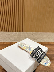 DIOR 26S SLIDE SANDALS IN MULTICOLOR FLORAL MAP PRINT LOGO STRAP