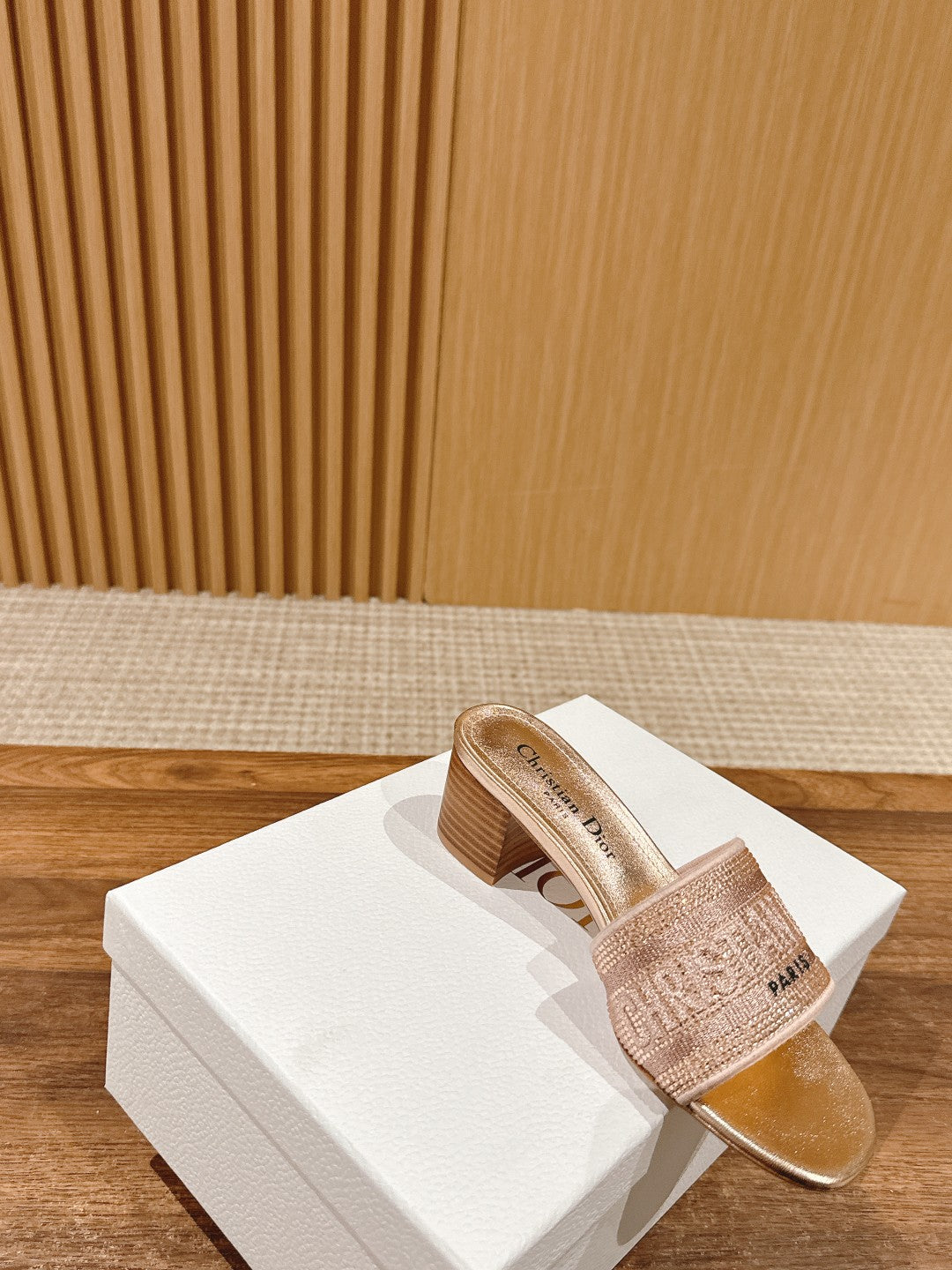 DIOR 26S D-CLUB EMBROIDERED HEELED SLIDES IN ROSE GOLD