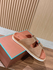 LP 26S DOUBLE BUCKLE SLIDES IN BROWN SUEDE GOLD HARDWARE