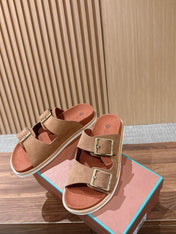 LP 26S DOUBLE BUCKLE SLIDES IN BROWN SUEDE GOLD HARDWARE