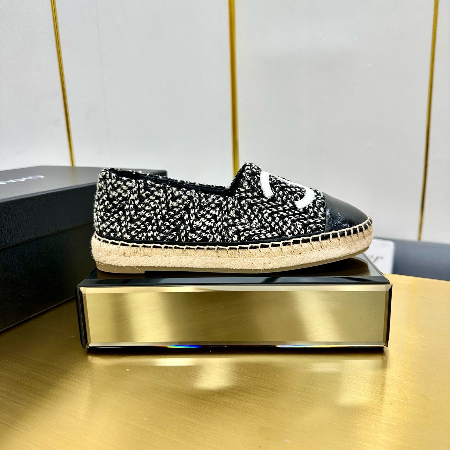 CC ESPADRILLES PLATFORM 25S IN BLACK MIX WHITE TWEED