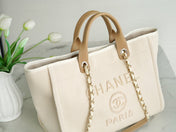 TOTE BAG 39 ATTACHED PEARL LOGO IN BEIGE CANVAS GOLD HARDWARE