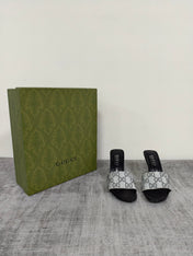 GUCCI 26S MULE SANDALS 85MM IN SILVER SATIN CRYSTAL GG